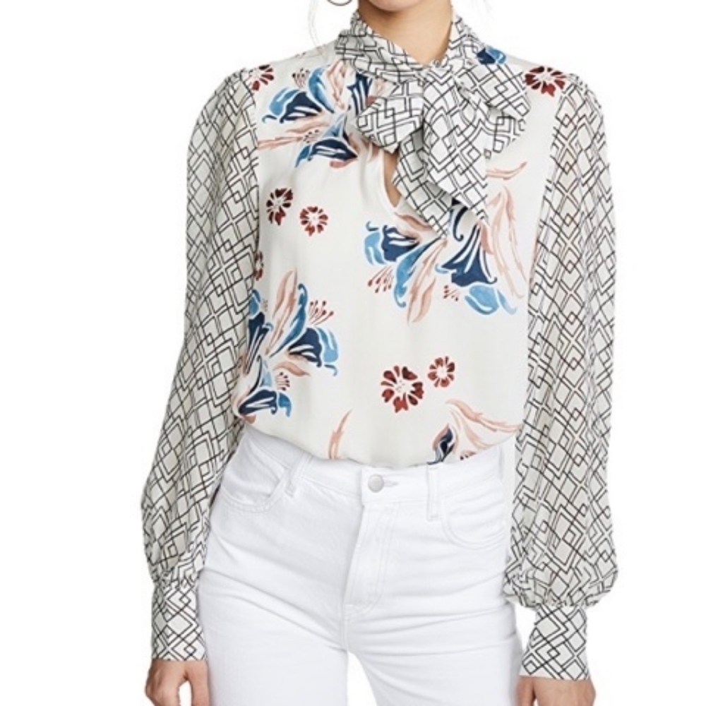 Joie Blouse Kanela Ivory Abstract Floral 100% Silk Long Puff Sleeve Size XS